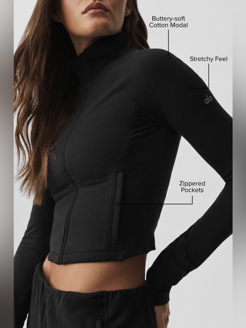 NWT ALO Yoga SWAY ON THE GO JACKET Black Cropped Zip-Front Jacket SIZE M